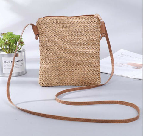 Summer Women New Fashion Straw Bag Rattan Woven Tote Purse New Crossbody Messenger Bag Plait Small Square Handbag Boho Beach