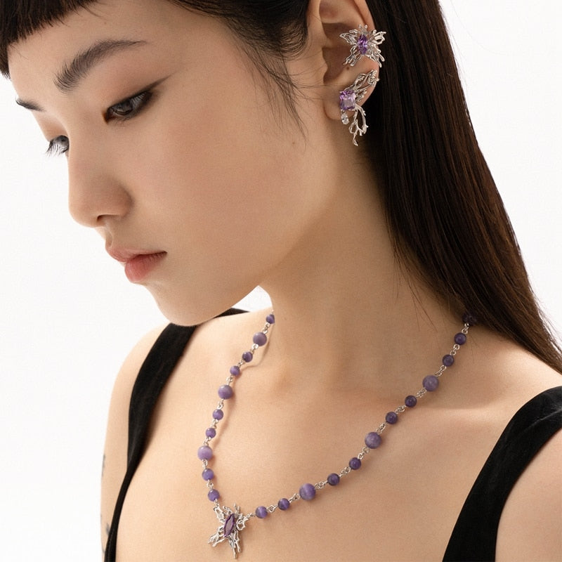 Korean Fashion Purple Opal Beads Necklace For Women Lades Cute Metal Butterfly Pendent Strand Choker Party Jewelry
