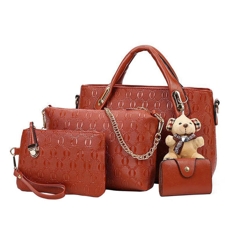 Back to school  4Pcs/Set Elegant Ladies Bear Pendant Handbag Shoulder Bag Girls Fashionable PU Leather Casual Messenger Tote Bag