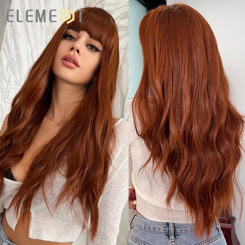 Christmas gifts Long Wavy Synthetic Wig With Bangs Brown Red Wine Body Curly Hair Wigs For Women Daily Party Cosplay Heat Resistant