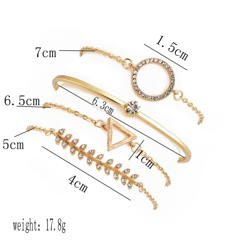 Beyprern Back To School Hot Charm 4 Pcs/Set Women's Fashion Crystal Triangle Circle Leaf Chain Gold Bracelet Set Party Wedding Jewelry Gifts 2022