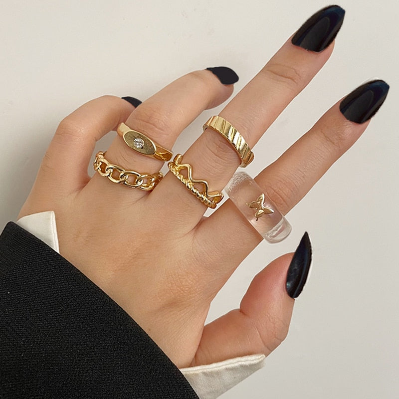 Beyprern 17KM Fashion Gold Butterfly Alloy Rings Set For Women Punk Silver Color Geometric Finger Rings Party Gift Jewelry