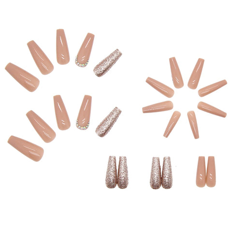 Beyprern Thanksgiving Day Gifts Nude Nails Press On Rhinestone XL Length Coffin Fake Nail Tips Pre Designed Z160