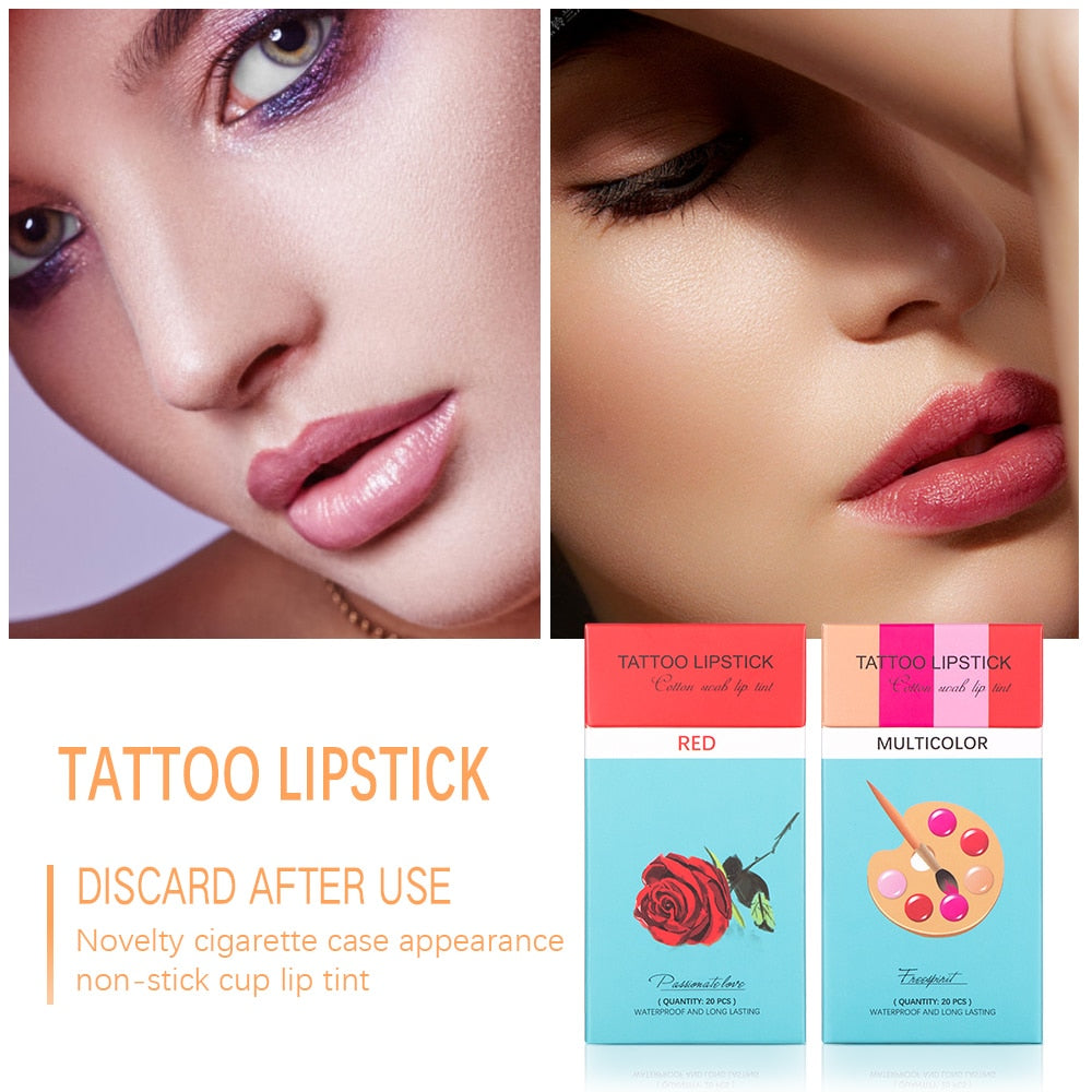20PC/Set Lipstick Cigarette Case Cotton Swab Lipsticks Long Lasting Waterproof Cosmetics Tattoo Lipstick Lip Tint for Women