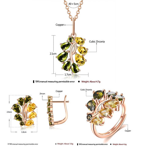 Fashion Jewelry Sets For Women Multicolor CZ Earring Rose Gold Olive Tree Zircon Female Simple Luxury Necklace Ring Accessories