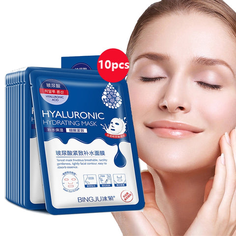 Beyprern 10 Pieces Hyaluronic Acid Facial Mask Sheet Pores Moisturizing Oil-Control Anti-Aging Replenishment Whitening Face Care TSLM1