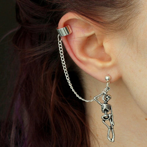 Punk Asymmetrical Skeleton Chain Earrings Women Men Gothic Ear Clip Dangle 2021 Trend New Year Earring Jewelry Wholesale