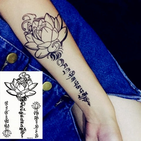 Back to school  Black Lotus Totem Tattoo Stickers Waterproof Lasting Temporary Tattoo Sanskrit Art Fake Tattoo Back Arm Sexy Tattoos For Women