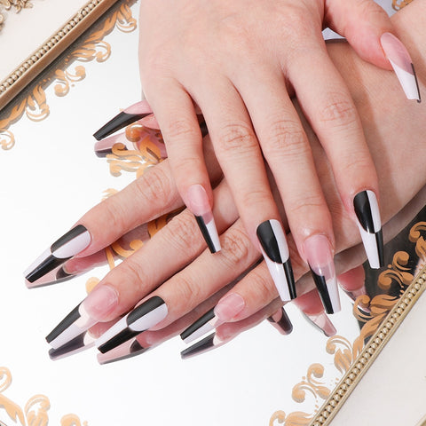 24pcs Simple Black White False Nails nails extra Long tips Artificial False Nail Coffin Ballerina Nails Press on Nails Full Tips