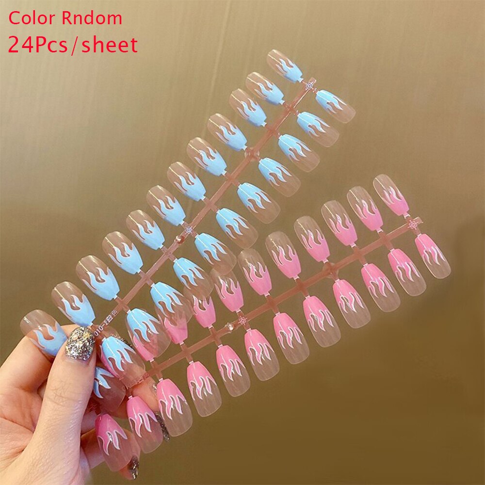 24PCS Almond Fake Nails Full Cover Detachable French Stick on Nails Coffin Flame Press on Nails Art DIY Manicure Tool