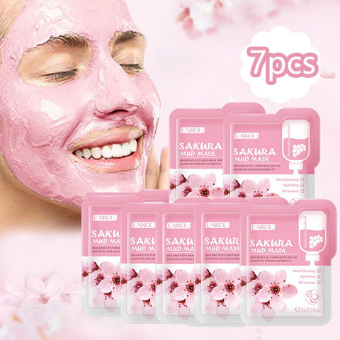 LAIKOU 7pcs Japan Sakura Mud Face Mask Anti Wrinkle Night Facial Packs Skin Clean Dark Circle Moisturize Anti-Aging Skin Care