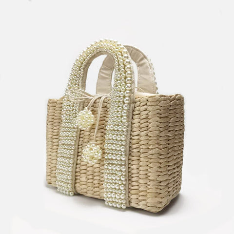 Beyprern Summer Holiday Beach Bag with Pearl Large Tote Straw Bag Crossbody Bags for Women