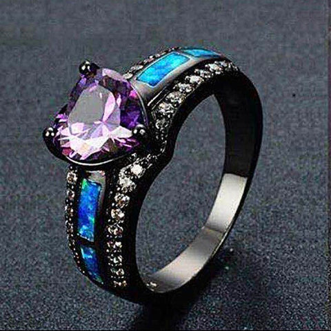 2021 trend Women ring Jewelry for women European and American heart-shaped purple zircon ladies ring Black Gold Opal Rings
