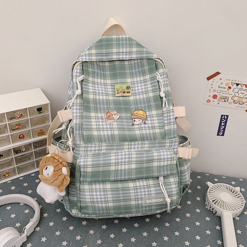 Japanese Plaid Backpack New Korean Large capacity Students schoolbag Campus Stripe Style Fashionable girl Travel bag Waterproof