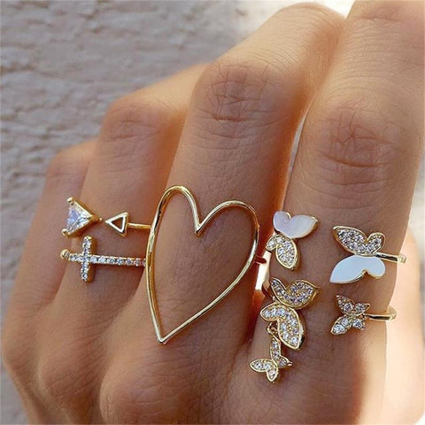 Fashion Crystal Butterfly Cross Fidget Ring Women's Rings Set Trend Hollow Heart Leaf Adjustable Rhinestones Jewelry Gift New