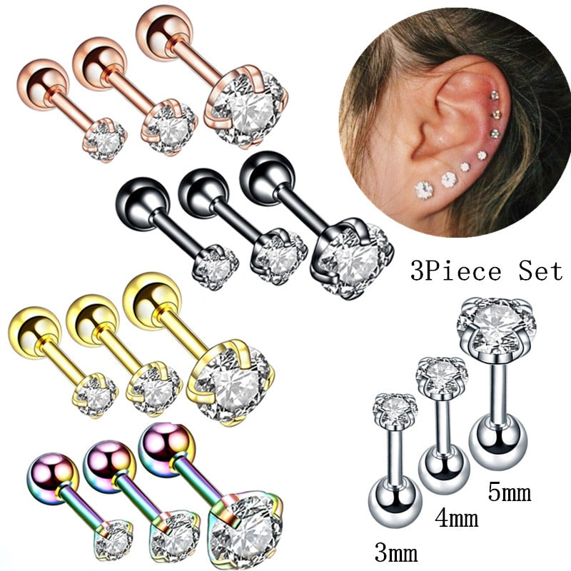 3PCS Crystal Tragus Piercing Earring Set Zircon Cartilage Earrings Stud Set Labret Lip Piercing Bulk Ear Lobe Earring Conch Lot