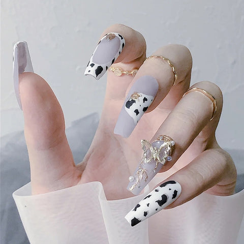 24pcs White Black Fake Nails with Designs Long Coffin Ballerina False Nails Butterfly Metal Press On Nail Manicure Tip