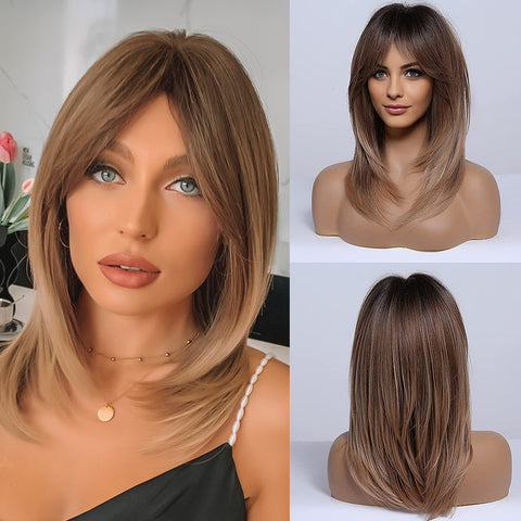 Beyprern Black Friday Big Sales Synthetic Wigs Medium Straight Blonde Mixed Brown Bob With Bangs Wig For Women Cosplay Daily Heat Resistant Headband
