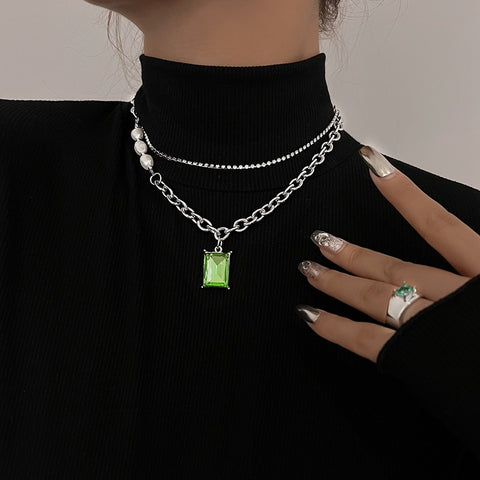 Fashion Punk Green Square Crystal Necklaces For Women Couple Elegant Freshwater Pearl Double Layer Necklace Jewelry