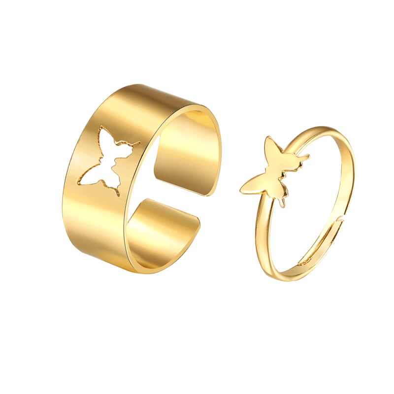 Beyprern 17KM Creative Silver Color Key Shape Rings For Couple Women Men Adjustable Gold Butterfly Rings Set Wedding Friendship Jewelry