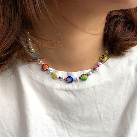 DIEZI Ethnic 7 Chakra Beads Imitation Pearls Choker Necklace For Women Sweet Flower Pendant Clavicle Chain Necklace Jewelry