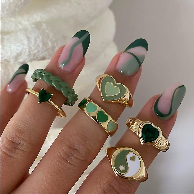 Beyprern Fashion Gold Color Geometric Heart Rings Set for Women Colorful Purple Green Color Resin Ring Wholesale Jewelry