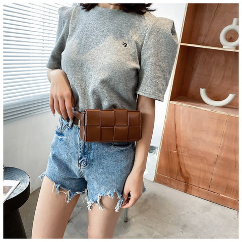 Beyprern Leather Woven Small Waist Bags For Women Luxury Brand Bag Luxury Weave Cassette Waist Belt Bag Trend Chest Pouch Female