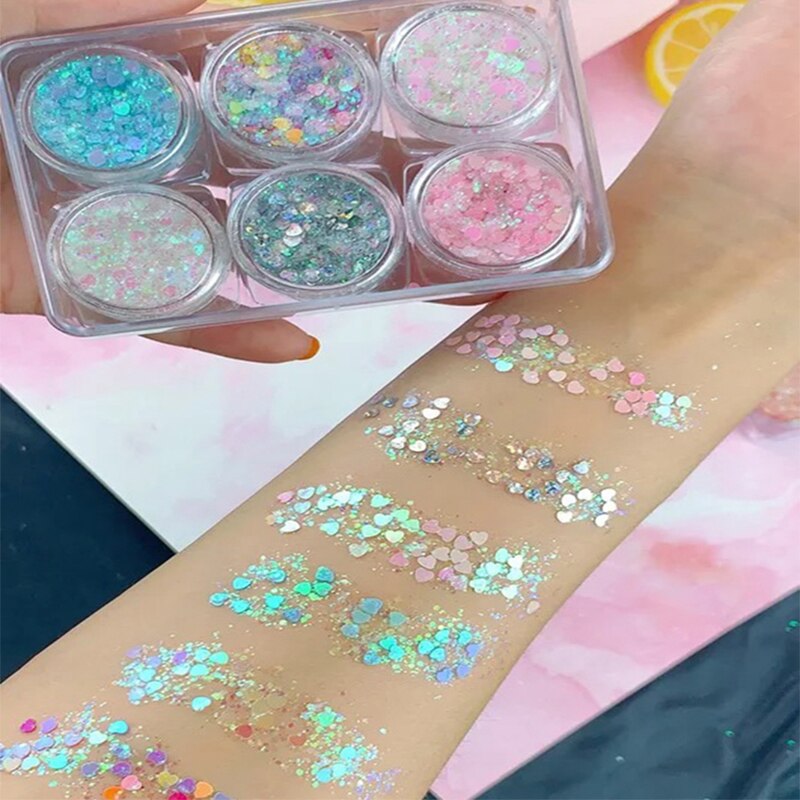 Christmas Gift Thanksgiving Glue Free Makeup Loose Diamond Glitter Festival Party Cosmetics Sequins Gel Eyeshadow for Eyes Face Body Hair 6 Colors/Pack