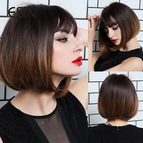 Black Friday Big Sales Synthetic Dark Brown Black Wig With Bangs Bob For Women Short Straight Hair Wigs Cosplay Hairstyle Medium