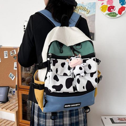 Cute Panelled Cow Print Backpack Women Fashion Large Capacity Laptop Backpacks for Teenager Girls Waterproof Travel School Bag