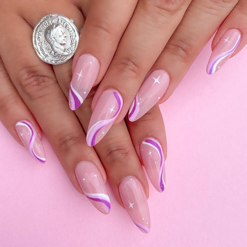 Detachable Almond Pink And White False Nails Wavy Style Stiletto Fake Nails Ballerina Coffin Full Cover Manicure Tool 24Pcs/Box