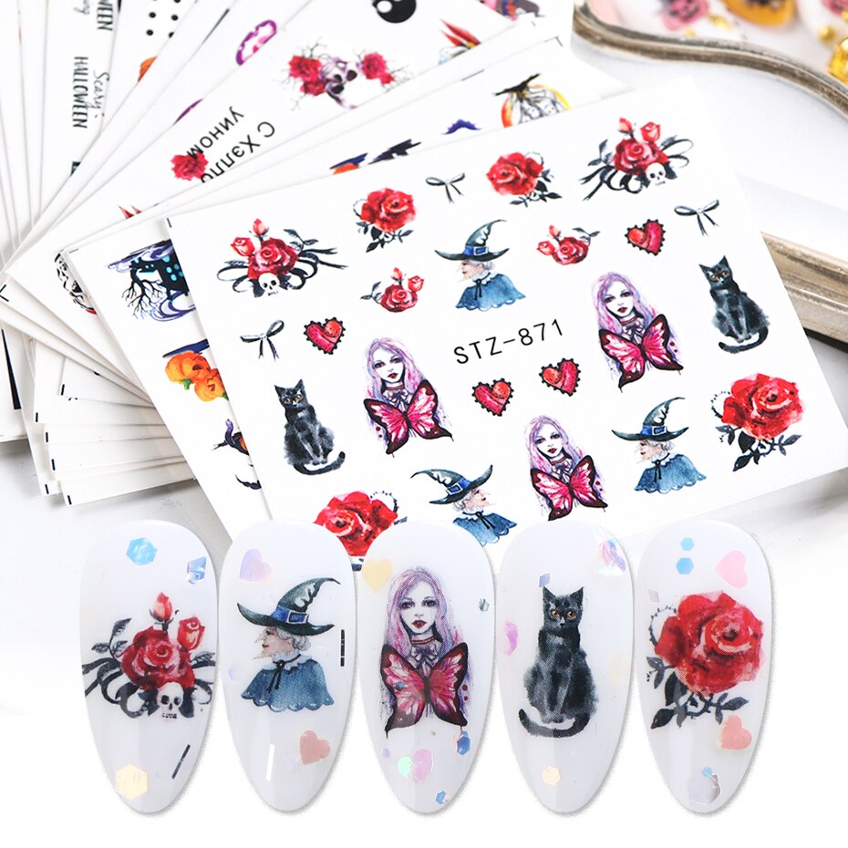 Beyprern Halloween Maple Leaf Abstract Face Nail Sticker Set Water Transfer Slider Decal Geometric Manicure Nail Art Decoration CHBN1897-1932