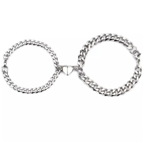 2pcs Punk Couple Bracelet Silver Color Women Men's Hand Chain Stainless Steel Color Romantic Magnet Friendship Bracelets Fashion
