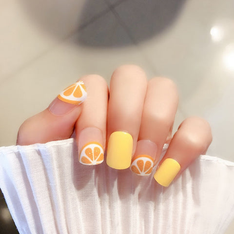 24PCS New Fashion Full Cover Fake Nail Ins Style Yellow Orange Shape Fake press on nails Cute Girls pre design acrylic nail tips