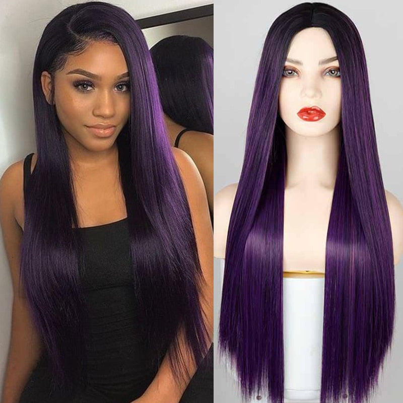 Beyprern Cyber Monday Big Sales Synthetic Black Green Ombre Long Straight Hair Wig For Women 24 Inch Can Be Cosplay Wigs Heat Resistant Middle Part Wigs