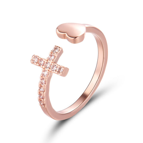 Alloy Rhinestone Cross Heart Ring For Women Simple Geometric Heart Adjustable Opening Ring Wedding Party Fashion Jewelry Gifts