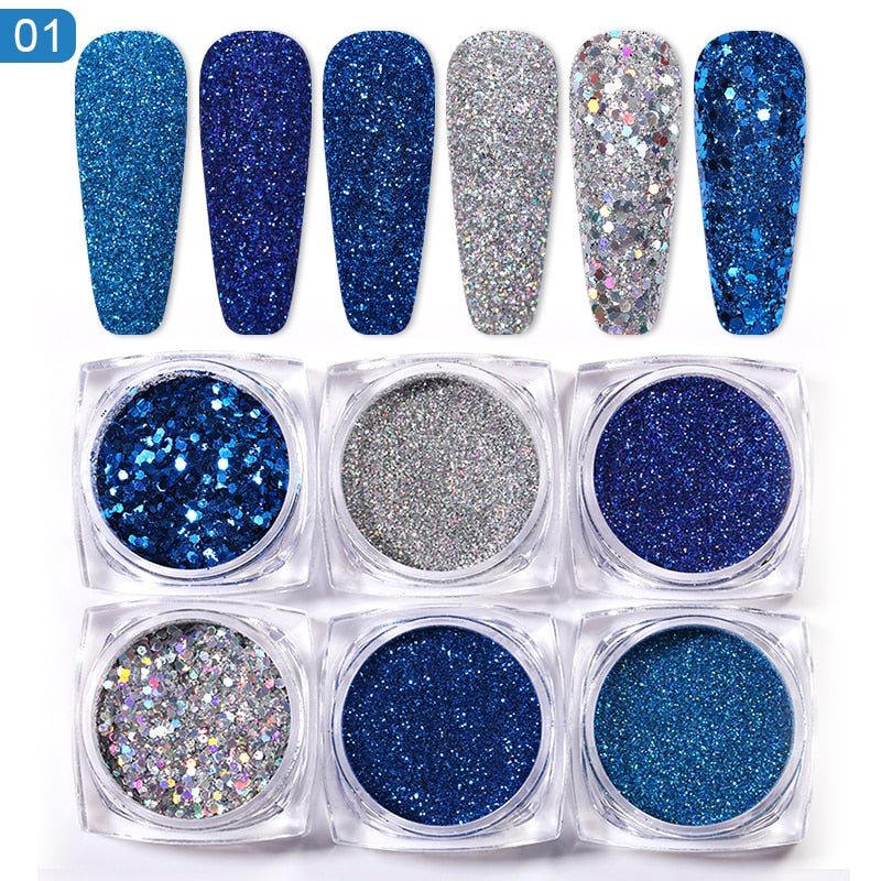 6Pcs/Set Blue Siliver Colorful Nail Glitters Set Holographics Nail Powder Flake Nail Art Sequins DIY Decoration