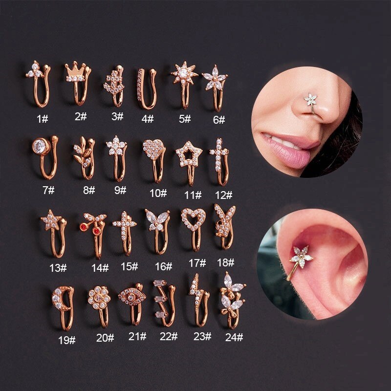 1PCS Copper Crystal Heart Fake Nose Ring Cuff Non Piercing Evil Eye Fake Nose Piercing Clip On Nose Rings Women Trendy Jewelry