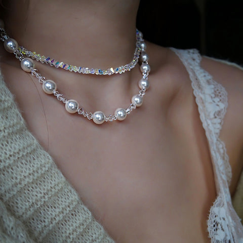 Korean Elegant Pearl  Zircon Choker Necklace For Women Ladies Fashion Blue Waterdrop Crystal Collares Jewelry
