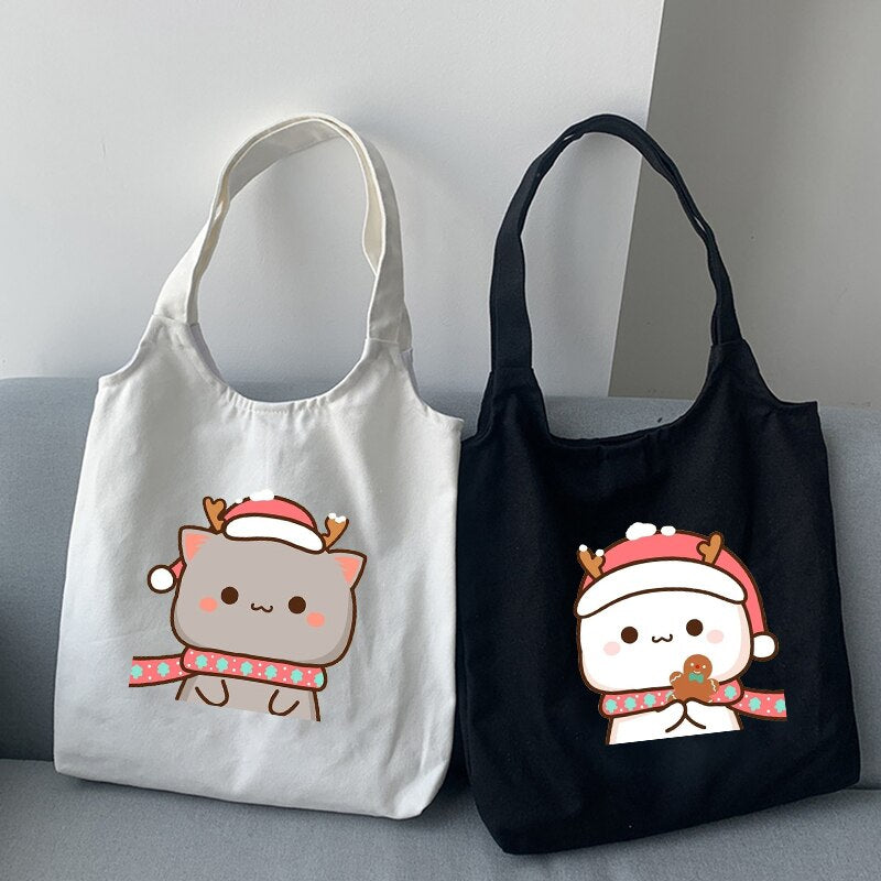 Canvas Handbag Cute Bear Printed Shopping Canvas Bag Women Large Shoulder Cloth Bags for Woman Travel Foldable Reusable Bag Girl