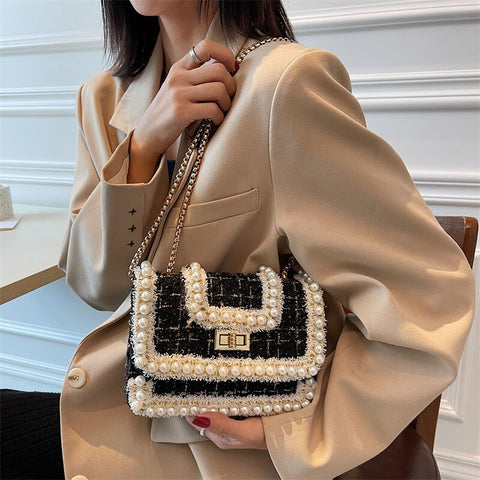 Women Bag 2022 Women's Brand Top Classic Woolen Pearl Square Flap Shoulder Bags For Women Luxury Chain Crossbody Bag Handbags