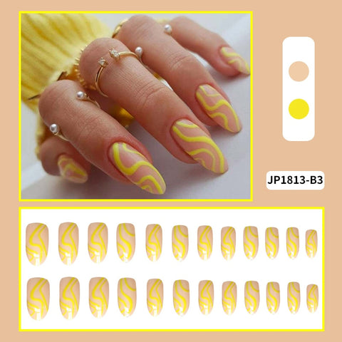 24pcs Wave Design Almond Line Detachable Fake Nail Wavy Double Color False Nails With Design Wearable Full Cover Nail Tips