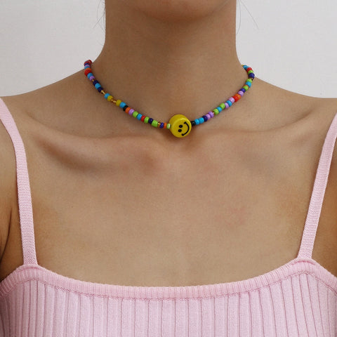 DIEZI Simple Multicolor Acrylic Beads Necklace Women Girls Short Necklace Yellow Smile Face Choker Collares Necklace Jewelry
