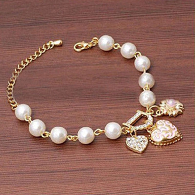 Beyprern  Fashion Unlimited Bangle Bracelets Charm Heart Flower Simulated Pearl Crystal D Letter Beaded Bracelet For Women Jewelry