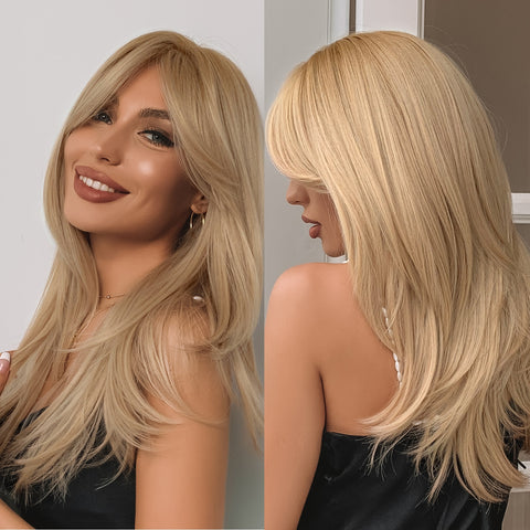 Beyprern Element Synthetic Wigs Long Straight Layered Hairstyle Ombre Black Brown Blonde Gray Gray Ash Full Wigs With Bang For Women Hair