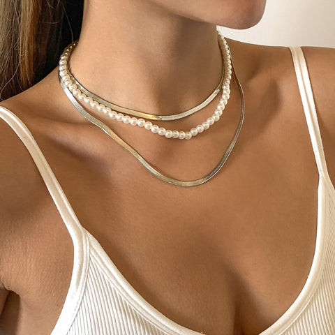 DIEZI Hip Hop Elegant Imitation Pearl Chokers Necklace For Women Vintage Simple Gold Silver Color Snake Chain Necklace Jewelry