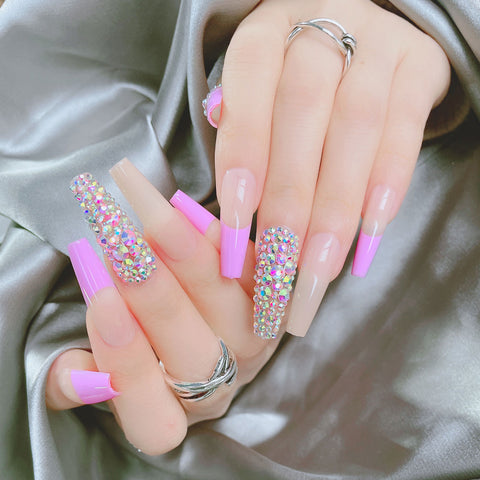 Easter  24pc Rhinestone Nail Press Ons Extra Long Coffin 3d Designed Fake Nails Jewel Luxury French Ballerina False Nail Tips Full Cover