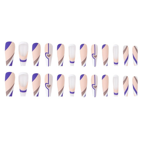 French Purple Wave Pattern With Heart-shaped Design False Nails Wearable Coffin Ballerina Fake Nails Full Cover Press On Nails