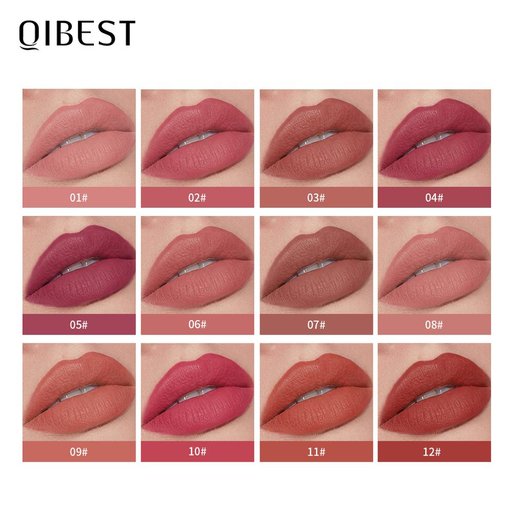 QIBEST 12 Colors Matte Lip Gloss Waterproof Liquid Lipstick Velvet Nude Lipgloss Long-lasting Smooth Lip Tint Beauty Cosmetics