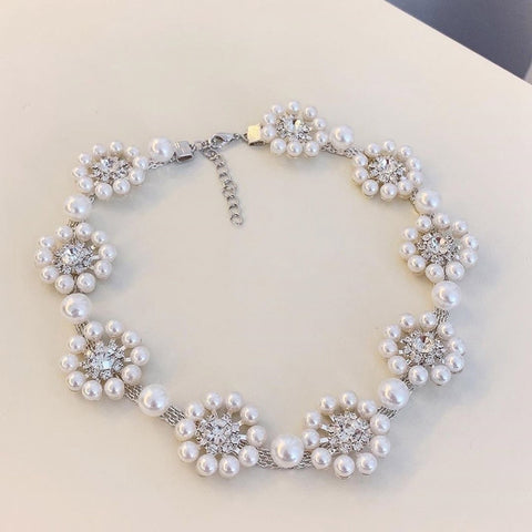 Korean TV Star Pearl Flower Choker For Women Ladies Fashion Crystal Wedding Necklace Bijoux Colares Jewelry